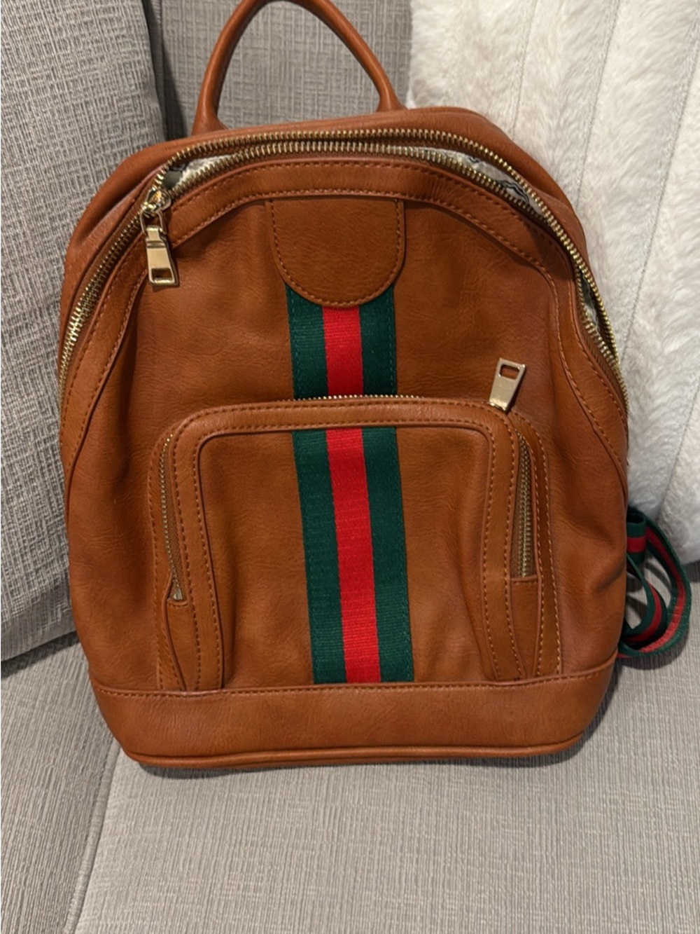 Brown Leather Men's Backpack with Green-Red Stripe